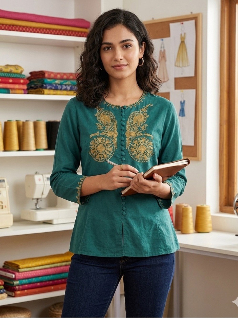 HUGO BOSS Green Embroidered Blouse with Buttons